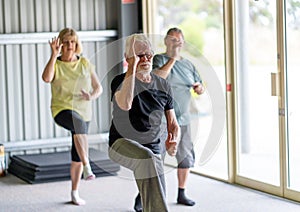 Group of elderly senior people practicing Tai chi class in age care gym facilities