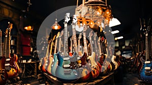 Group of electric guitars in music shop on desktop