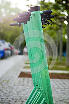 Group of electric scooters standing in city park