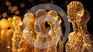 A group of elegant sculptures made from gleaming wire and beads glimmer quietly in the light of the fire inviting closer