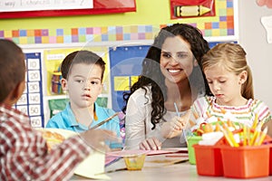 Group Of Elementary Age Schoolchildren In Art Class With Teacher