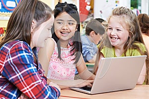 Group Of Elementary School Children Working Together In Computer