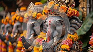 Group of Elephant Statues Adorned With Flowers photo