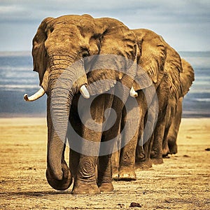 Group of elephants marching.