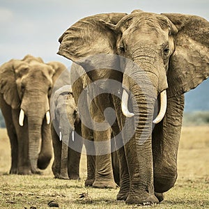 Group of elephants marching.