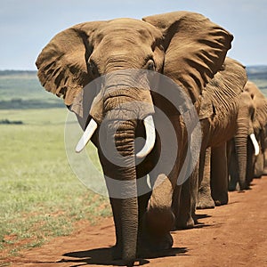 Group of elephants marching.