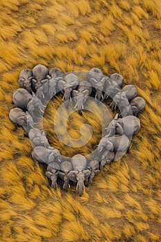 Group of elephants standing in heart formation on the savannah.