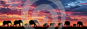 A group of elephants strides across the savannah as the sun sets, casting vibrant colors in the sky and creating a photo