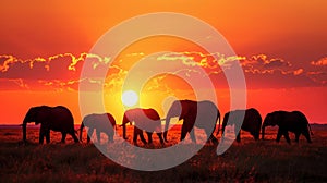 A group of elephants their silhouettes outlined against a vibrant sunset over the vast open plains.