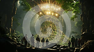 Group of elephants under the big green tree in the wilderness