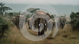 A group of elephants walking down a dirt road