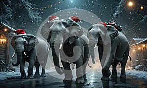A group of elephants are walking down a road, with two of them wearing Santa hats.