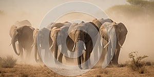 A group of elephants walking through the savanna, kicking up dust, concept of Wildlife Migration, created with