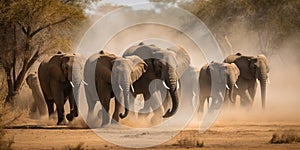 A group of elephants walking through the savanna, kicking up dust, concept of Wildlife Migration, created with