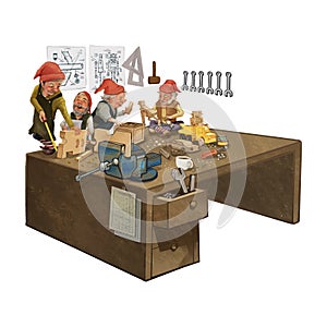 Group of elves working in a Santa`s workshop