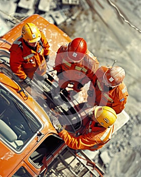 A group of emergency responders in protective gear are attending to the aftermath of a serious car accident, with a photo