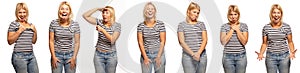 Group of emotional portraits of a young woman, white background