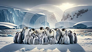 Group of Emperor Penguins on Antarctic Ice