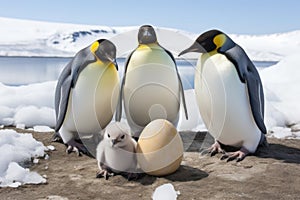 group of emperor penguins with eggs at their feet on ice