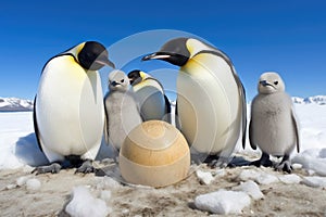 group of emperor penguins with eggs at their feet on ice