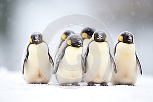 a group of emperor penguins huddled during a snowstorm
