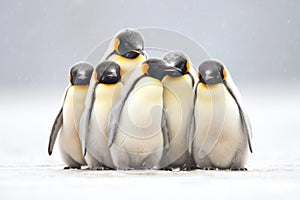 a group of emperor penguins huddled during a snowstorm