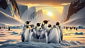 A group of Emperor penguins huddled together on the ice