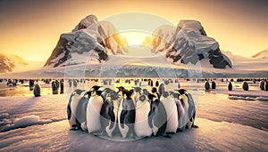 A group of Emperor penguins huddled together on the ice