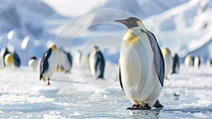 A group of Emperor penguins standing together on top of a vast expanse of ice in their natural habitat, An icy Antarctic landscape