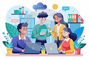 A group of employees engaging in a collaborative discussion about work in a modern office environment, Employees discussing work,