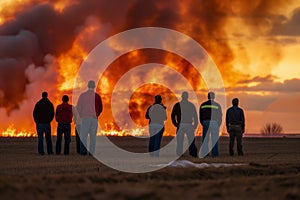 group of employees watching fire from safe distance