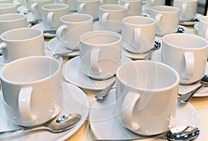 Group of empty coffee cups. Many rows of white cup for service tea or coffee in breakfast