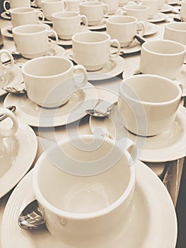 Group of empty coffee cups of white cup for service tea or coffee in breakfast or buffet and seminar event of catering and