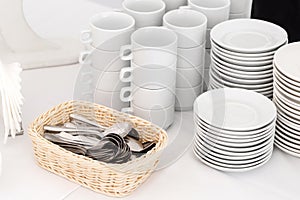 Group of empty coffee cups. White cup for service tea or coffee in breakfast or buffet and seminar event.