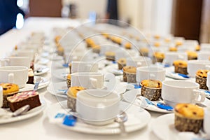 Group of empty Many rows of white ceramic coffee or tea cups