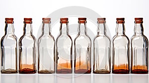 Group of empty old glass bottles on white background