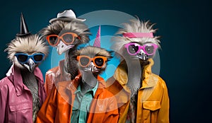 Group of Emu bird in funky Wacky wild mismatch colourful outfits on bright background advertisement photo
