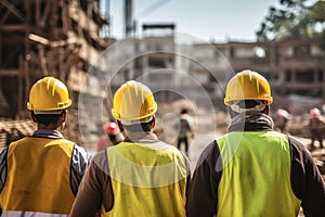 Group of engineers and architects at construction site. Selective focus, rear view of Construction workers at the construction