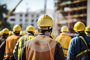 Group of engineers working in the construction site. Selective focus, rear view of Construction workers at the construction site