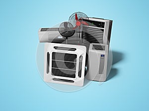 Group of equipment for cooling and air conditioning of the premises 3d render on blue background with shadow