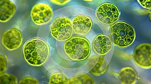 A group of euglenoids captured in the process of photosynthesis. The chloroplasts within their cells are visible as photo