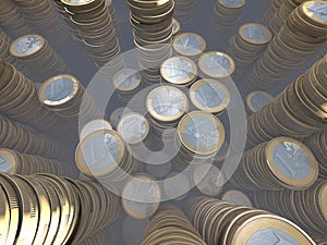 Group of euro coin piles, money hoard, wide-angle