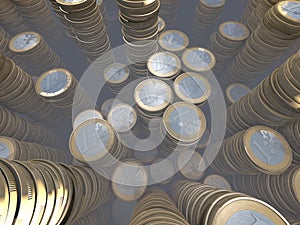 Group of euro coin piles, money hoard, wide-angle photo