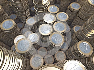 Group of euro coin piles, money hoard, wide-angle photo