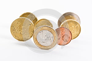 Group of Euro Coins Standing Standout One Euro Front Collection photo