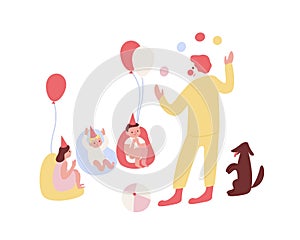 Group of excited children celebrating baby birthday with clown vector flat illustration. Happy kid having fun at holiday