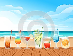 Group of exotic cocktails in transparent glass on the beach vector illustration with sea shore beach background