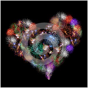A group of exploding fireworks shaped like a heart.