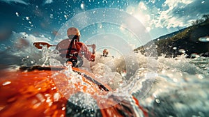 A group of explorers paddle furiously down a raging river rafts bouncing and spinning as they navigate through