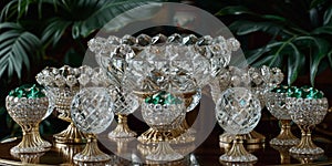 group of exquisite crystal vases glisten as they sit gracefully on top of a table, creating a mesmerizing display of